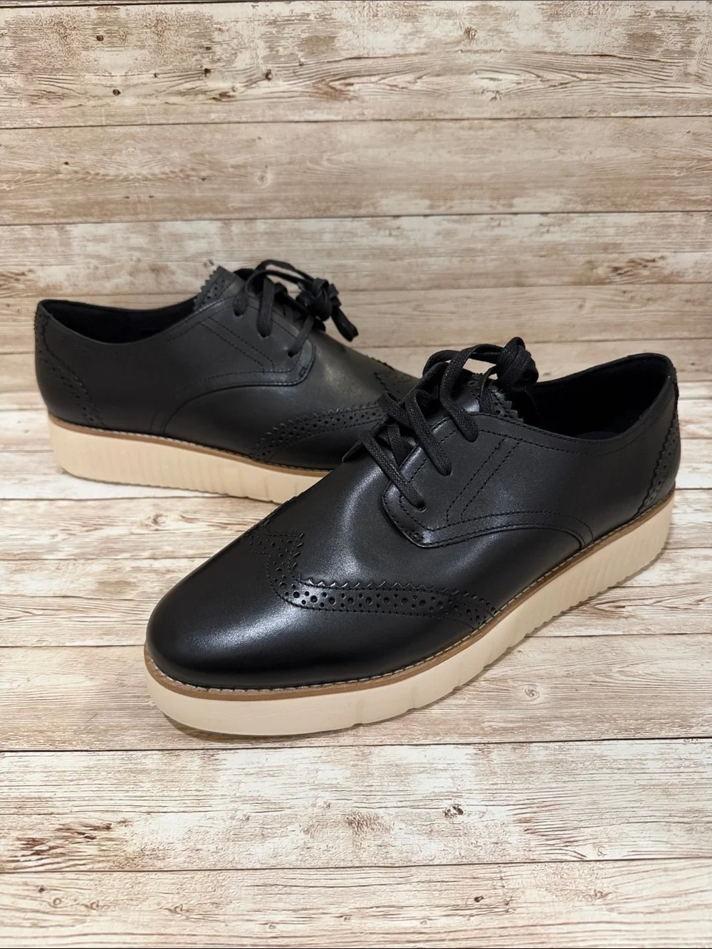 Cole‎ Haan Black Leather Platform Oxford with Cream Platform 11B NEW